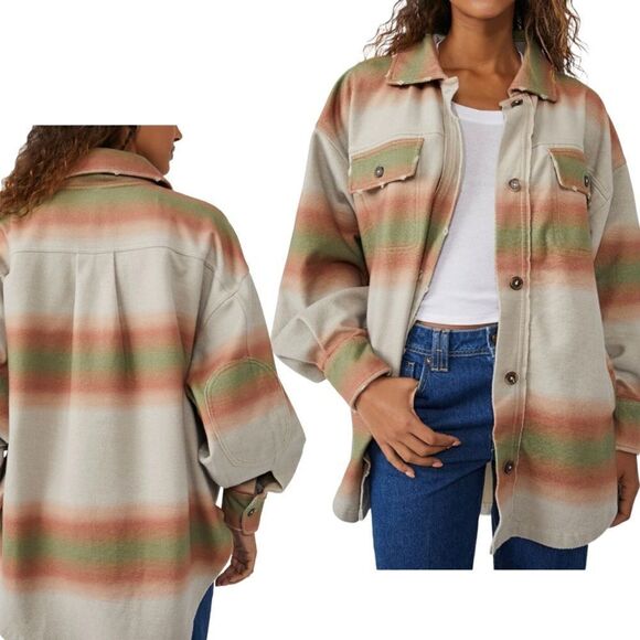 FREE People Ruby Print Shacket Ombre Stripe Marzipan NWT Sml Mocha Mousse - Picture 3 of 17